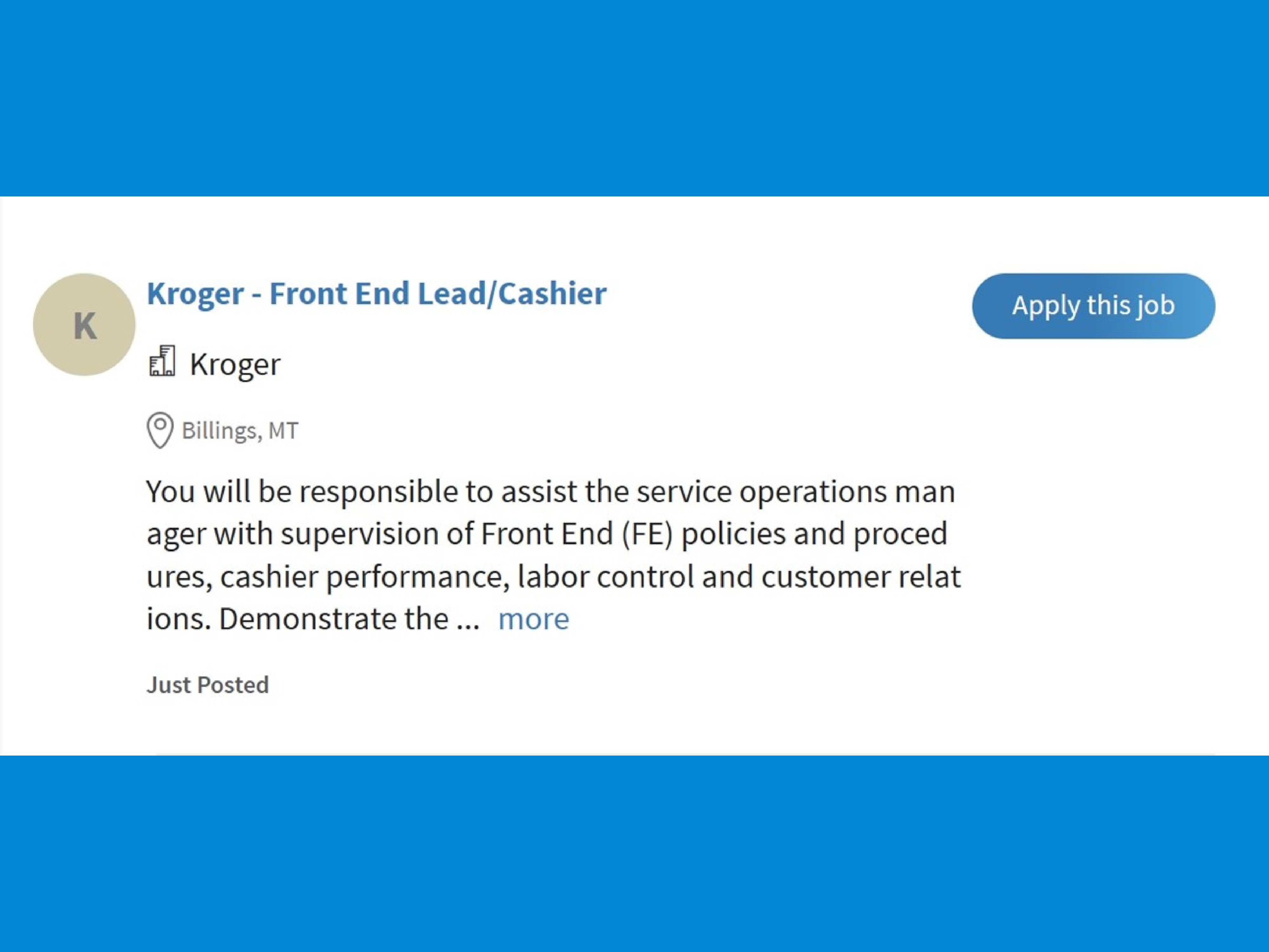 screen shot of scam kroger job ad