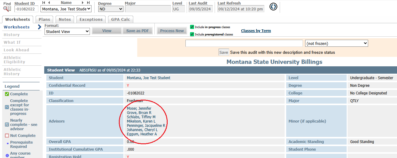 Screenshot of DegreeWorks page for test student showing advisor list location
