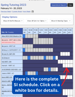 Image of the WConline schedule with a note that reads "Here is the complete SI schedule, click on the white box for details"