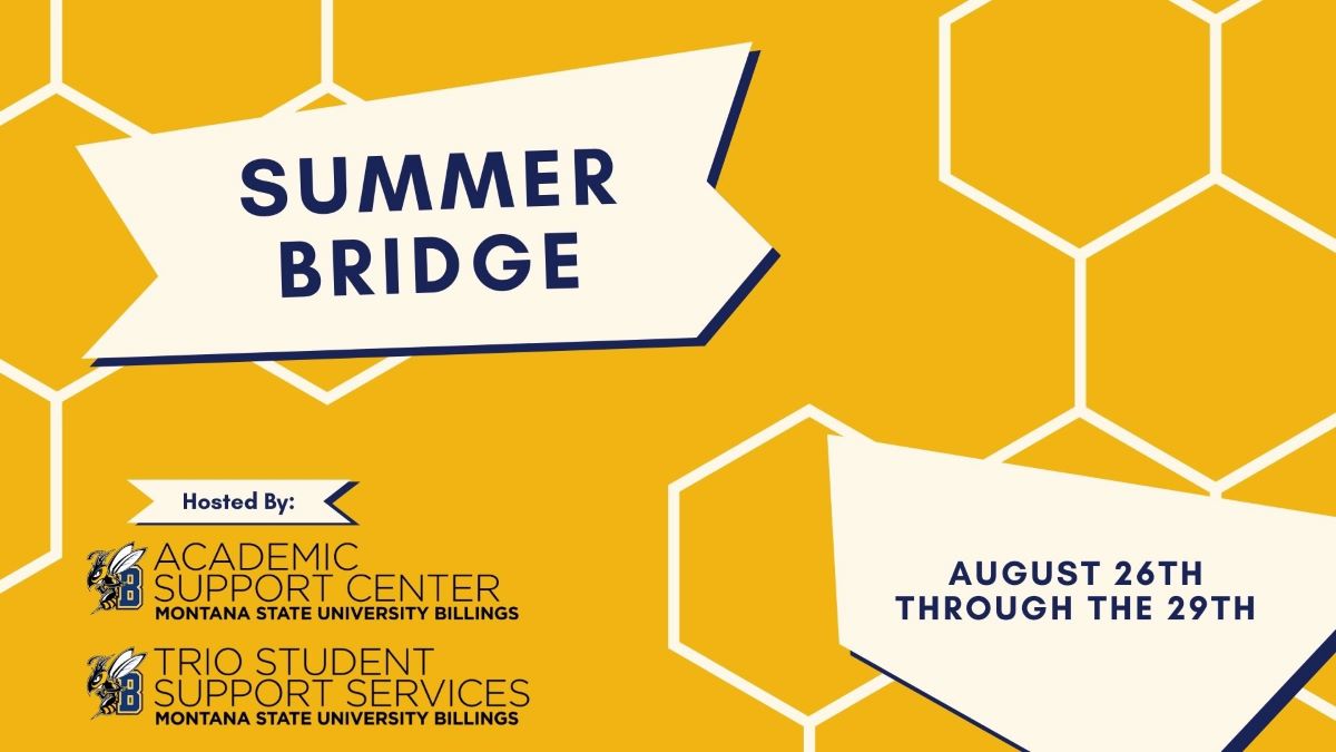 Summer Bridge hosted by Academic Support Center and TRIO Student Support Services August 26th through the 29th.  yellow image with honeycombs in background