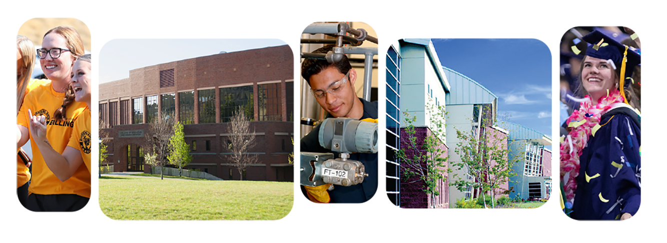 photo collage - students with pinkies up, McMullen tower, student using machinery, Health Sciences building, MSUB graduate in cap & gown