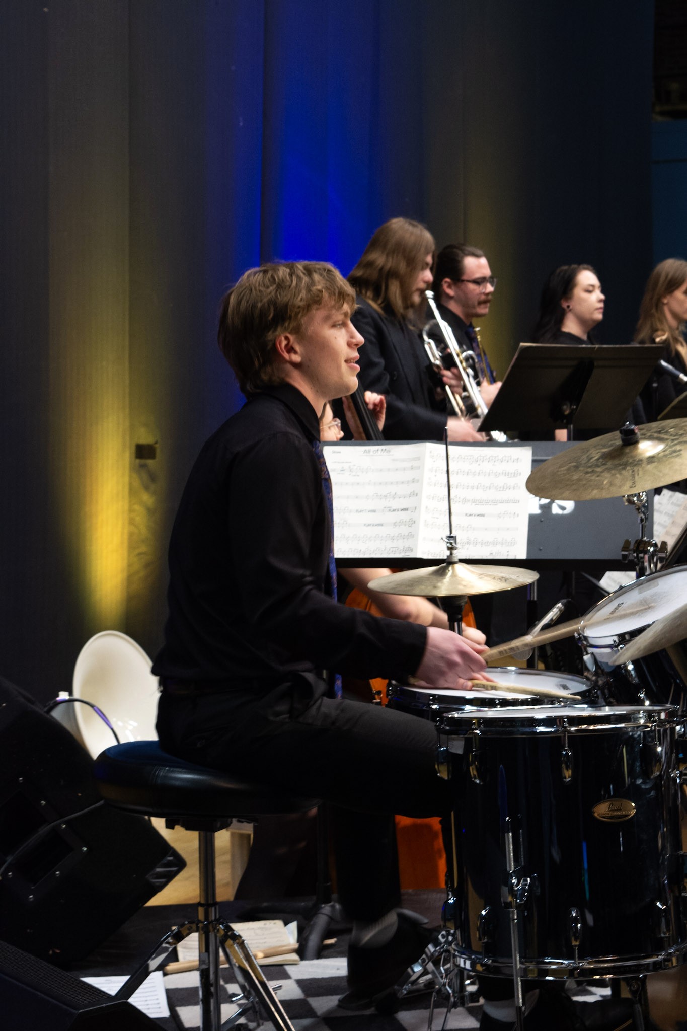 Sam Layton playing drumset in Jazz Orchestra.
