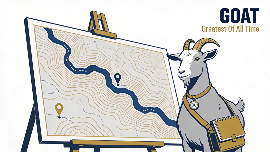 Greatest of All Time - goat standing next to a map
