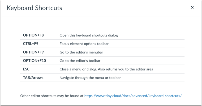View Keyboard Shortcuts Menu