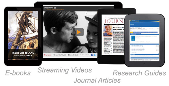 e-books, streaming videos, journal articles, and research guides