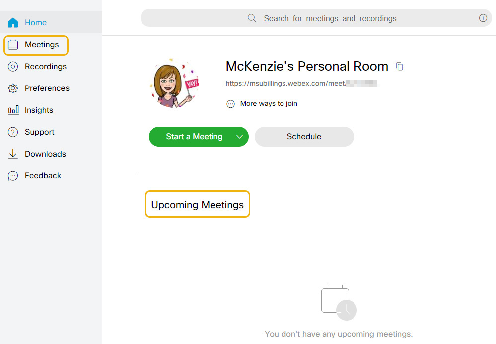 Upcoming meetings notifications at bottom of home page and Meetings option on the left