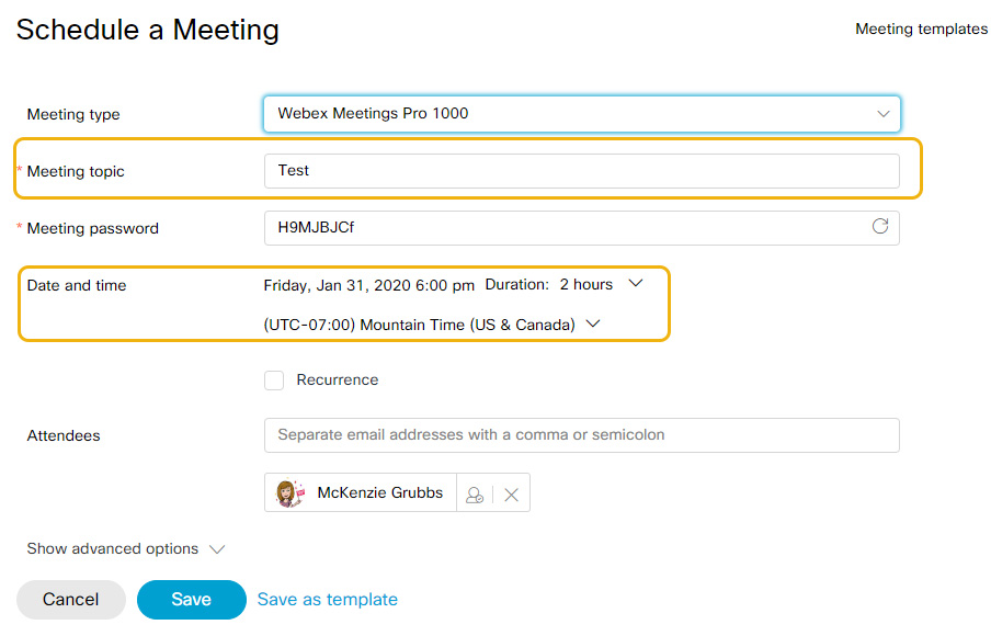 Meeting topic, date and time fields