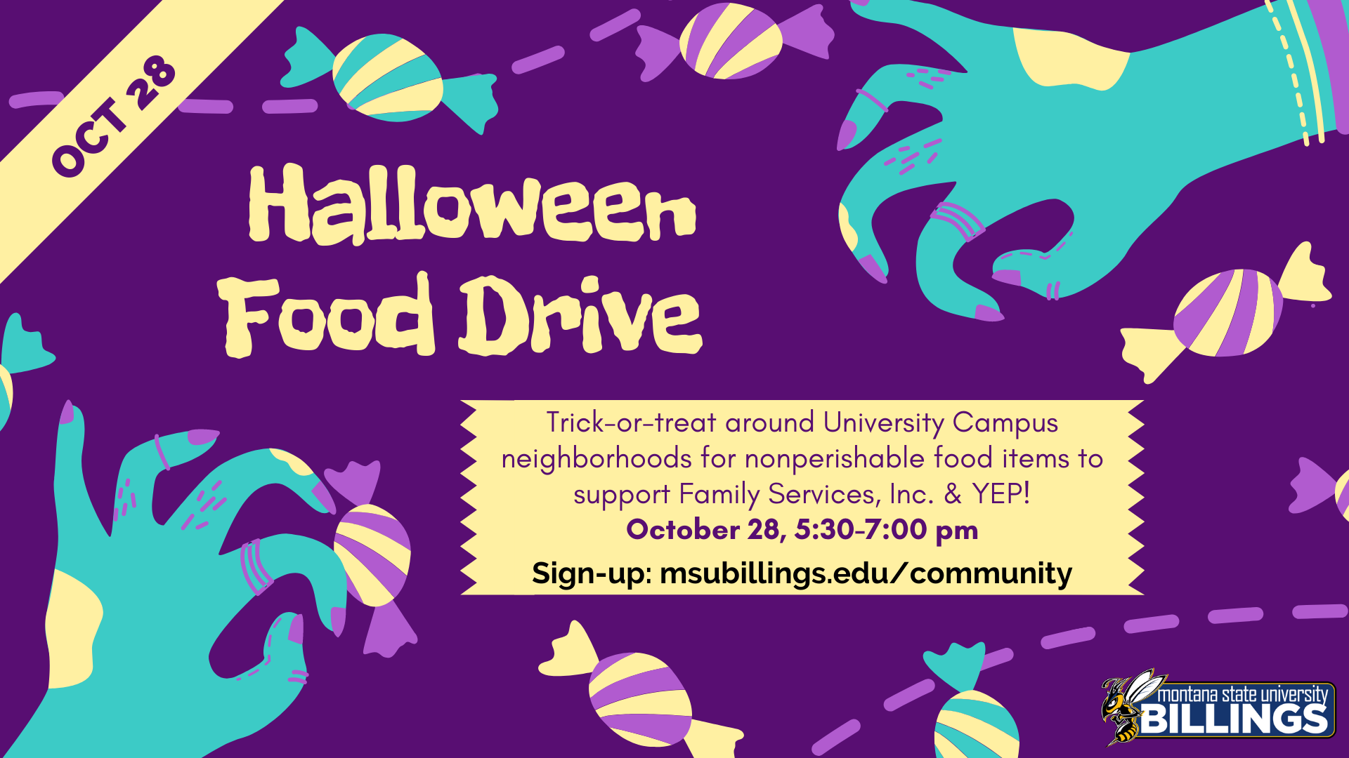 Halloween Food Drive. Trick-or-treat around University Campus neighborhoods for nonperishable food items to support Family Services, Inc. & YEP! October 28, 5:30-7:00 pm. Sign up online.