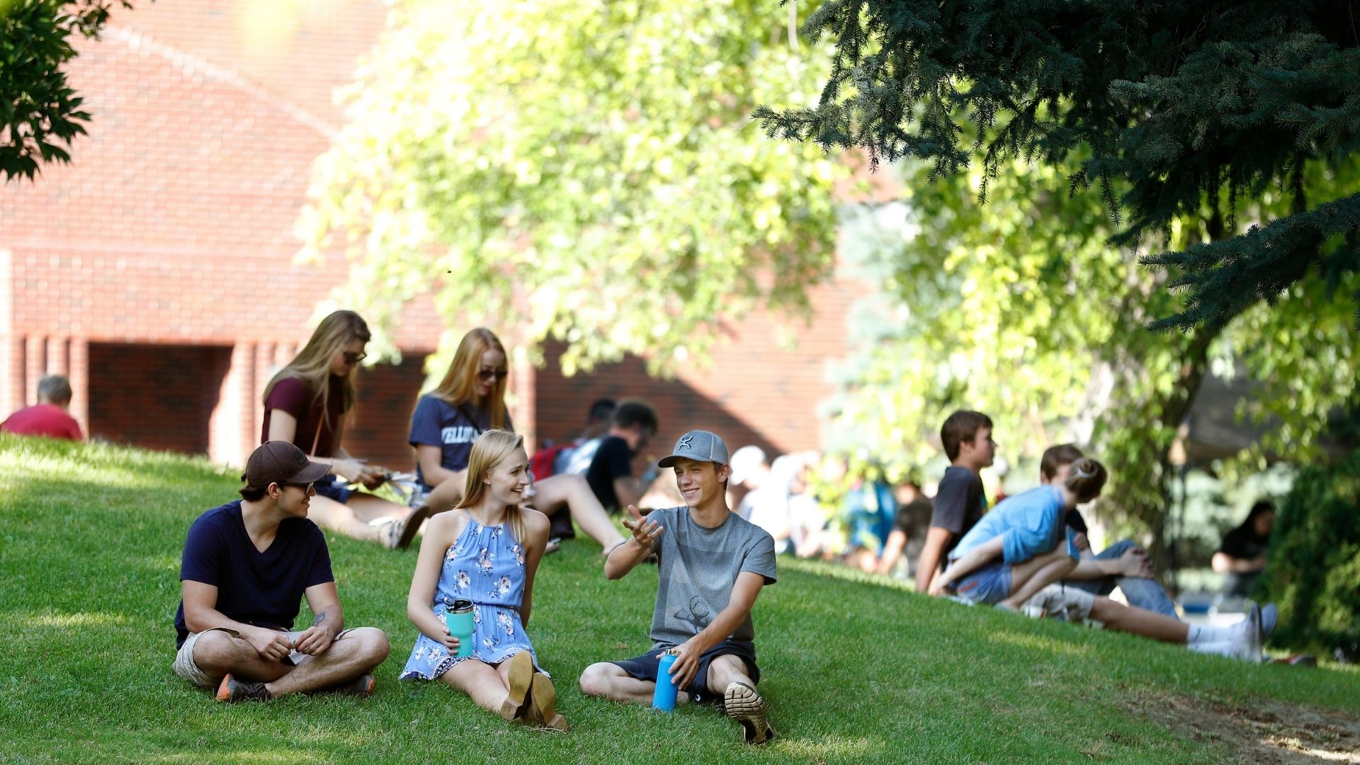 Students sit on the lawn outside the student union building.