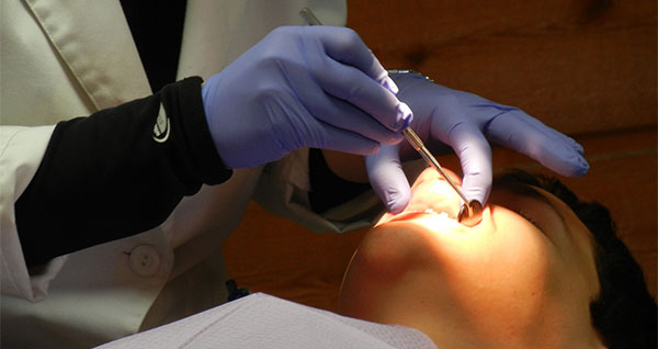 gloved hygienist working on a patient