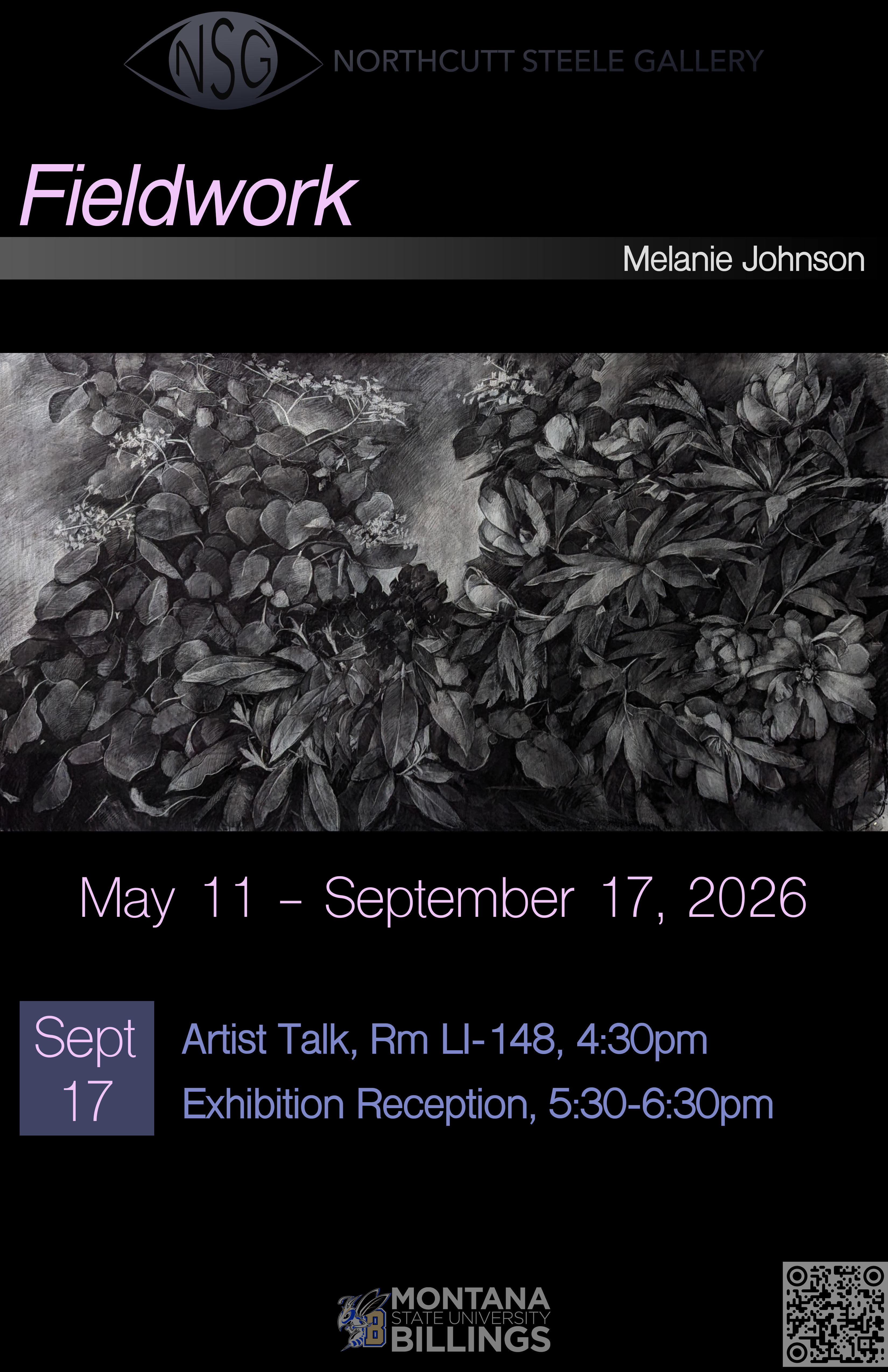 "Fieldwork" Exhibition by artist Melanie Johnson charcoal drawing of leaves and text regarding "Fieldwork" Exhibition