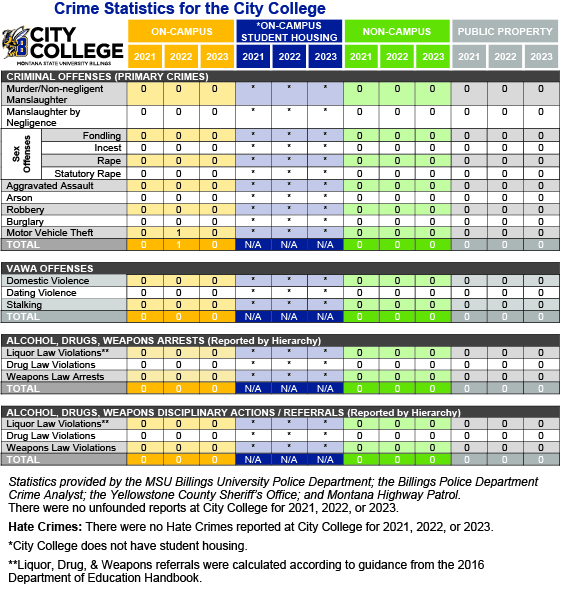 A table showing crime statistics for City College from 2021 to 2023. Categories include criminal offenses, VAWA offenses, and drug, alcohol, weapon violations, with data detailed for on-campus and public properties.