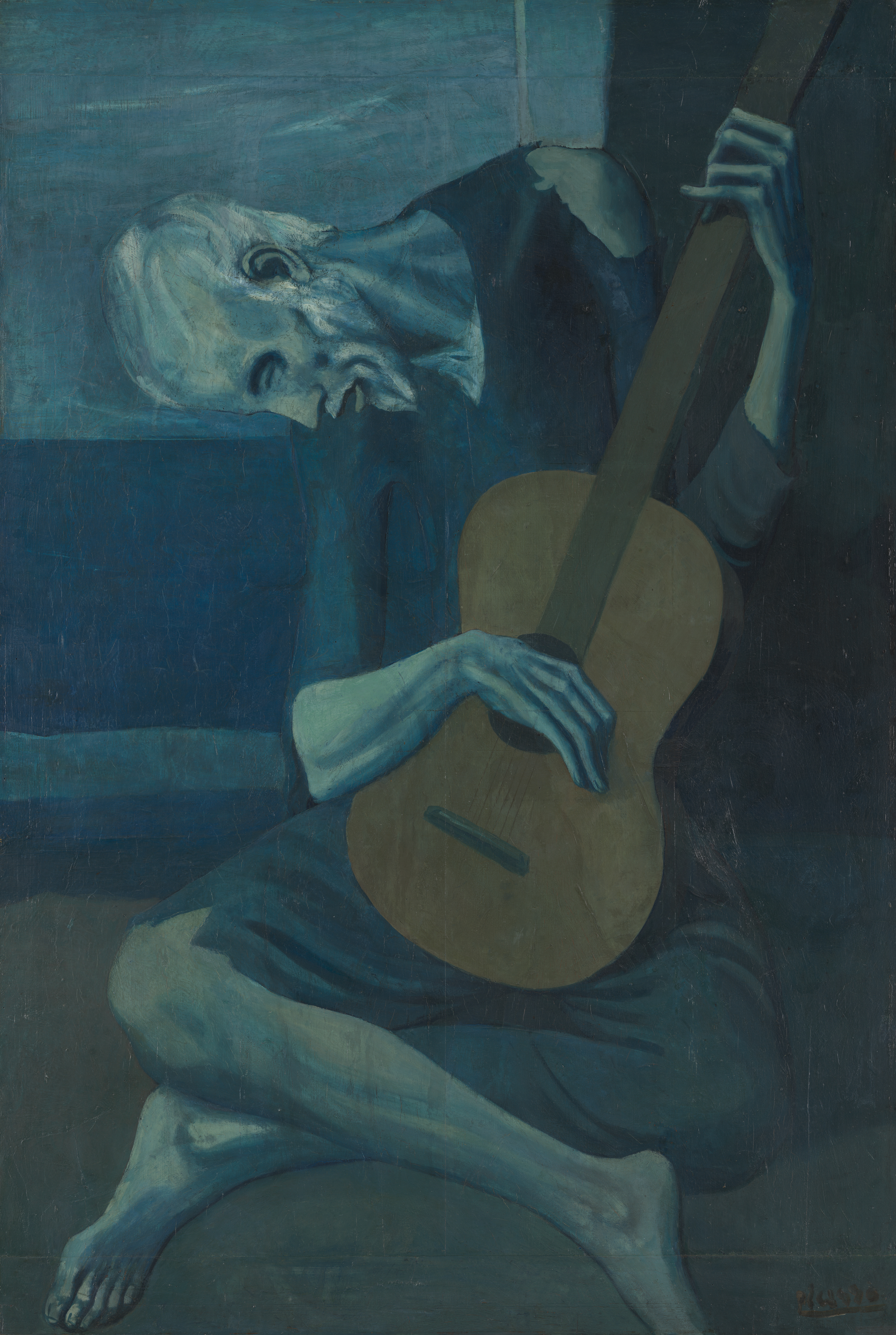 painting of The Old Guitarist, by Pablo Picasso