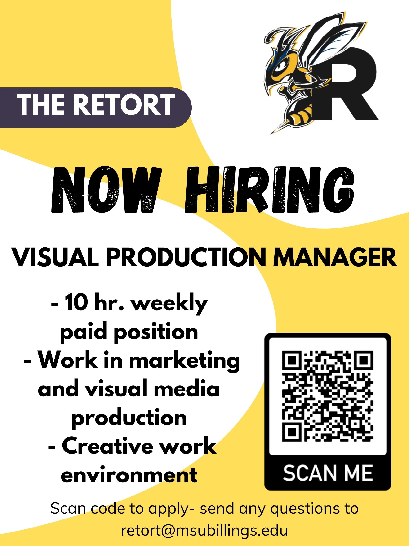 The Retort now hiring Visual Production Manager: 10 hr weekly paid position, work in marketing and visual media production, creative work environment