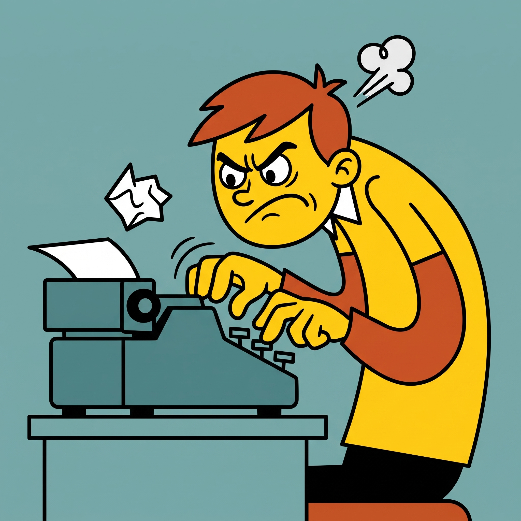 Cartoon of an angry student typing up a letter.
