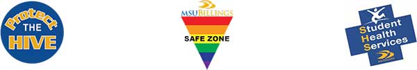 three logos, Protect the Hive, MSUB Safe Zone and Student Health Services