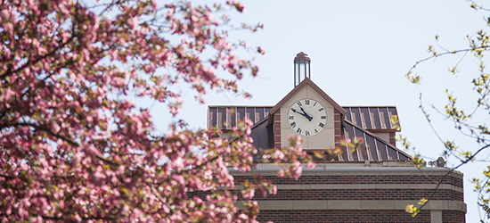 McMullen Hall clock tower in springtime